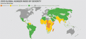 World Hunger Index (2020) countries colored according to their rank