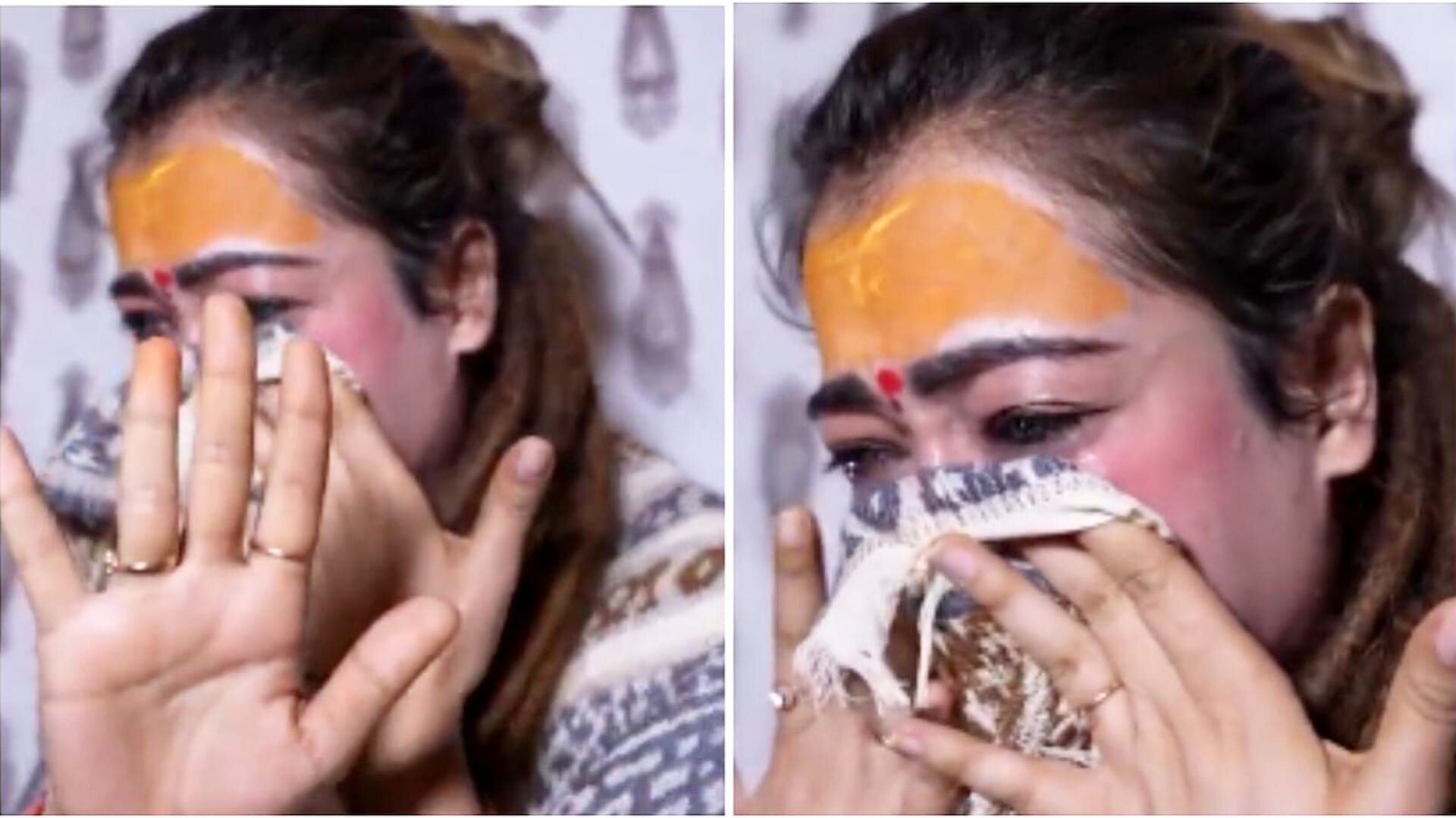 "Harsha Richariya expressing her emotions in tears, deeply hurt by her decision to leave the Mahakumbh."